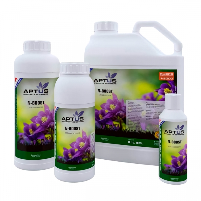 Fertilizante N-Boost floración de Aptus, diferentes formatos.