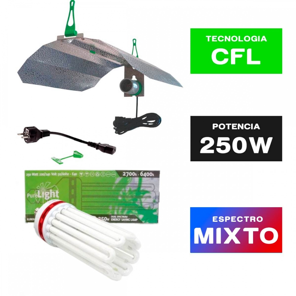 Kit CFL Pure Light crecimiento y floración Green Power 250w con reflector Maxi.