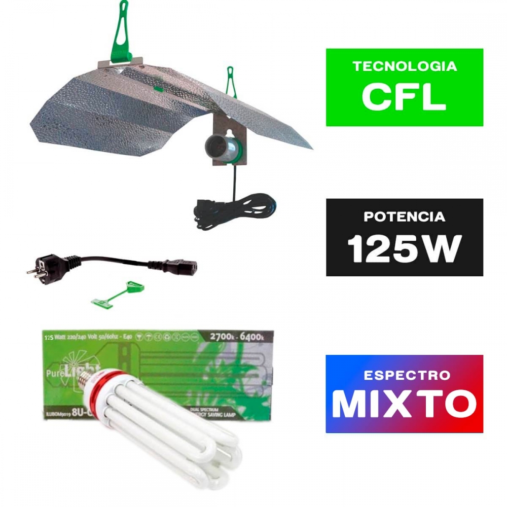 Kit CFL 125w crecimiento y floración con Pure Light Greenpower y reflector Maxi.