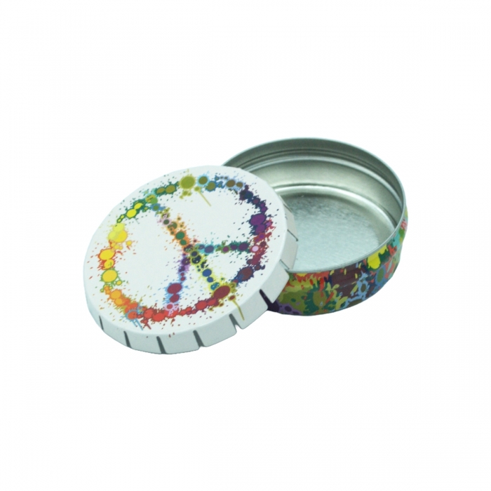 Lata Click Clack 5,5cm Peace Colorful abierta para guardar cogollos.