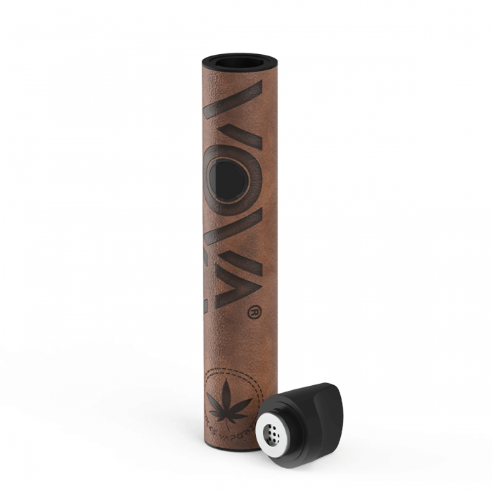 Vaporizador Volks Vova de cuero para marihuana, marrón abierto.