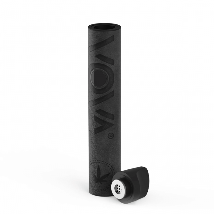 Vaporizador Volks Vova de cuero para marihuana, negro abierto.