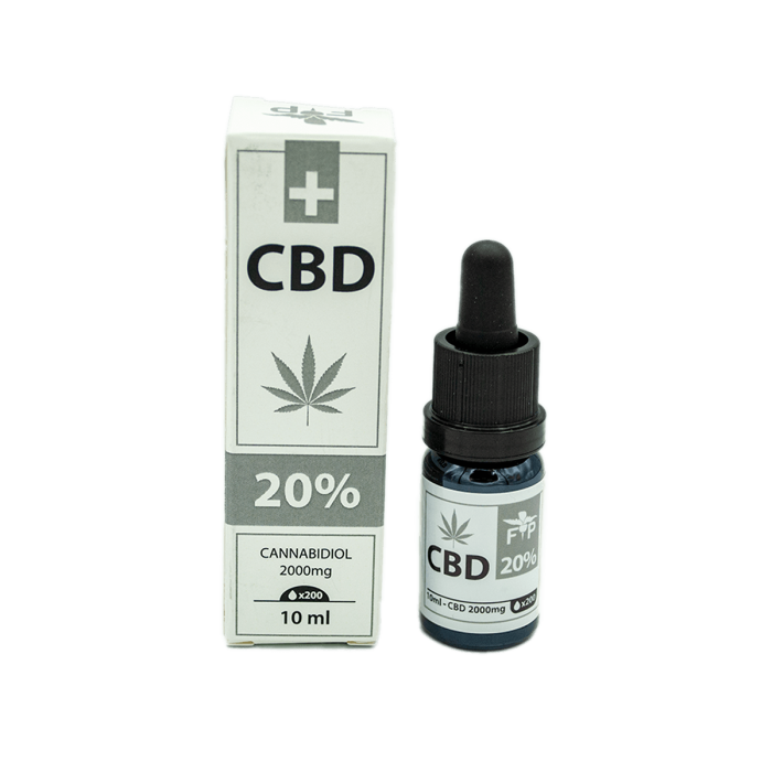 Aceite de CBD Standart aislado de la marca FP. Concentración de CBD del 20%. Bote y caja de 10ml.