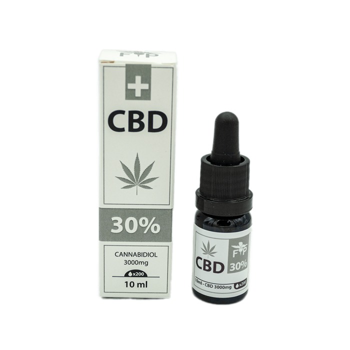 Aceite de CBD Standart aislado de la marca FP. Concentración de CBD del 30%. Bote y caja de 10ml.