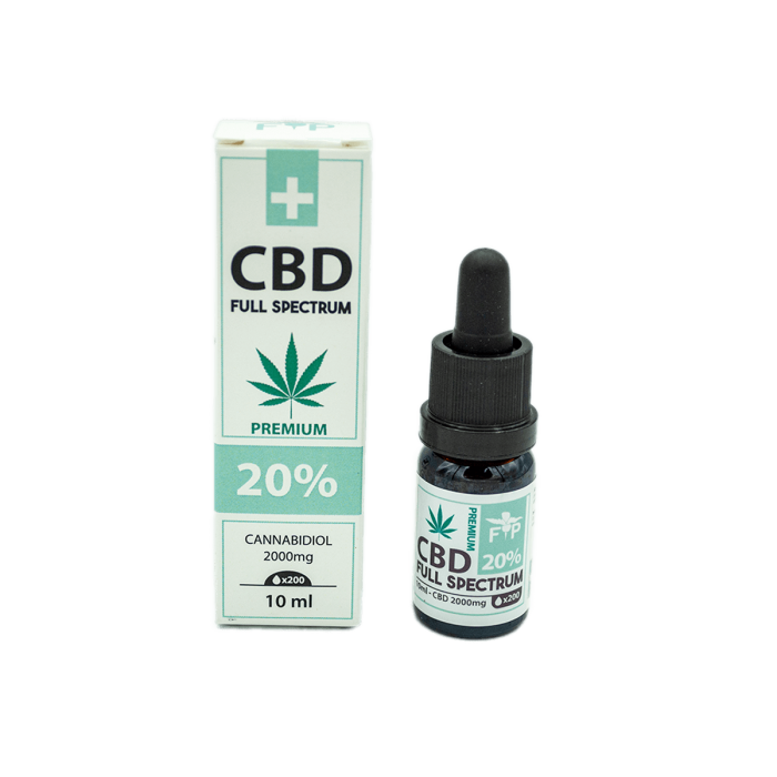 Aceite CBD Purificado Full Spectrum Premium, caja y bote de 20% 10ml.