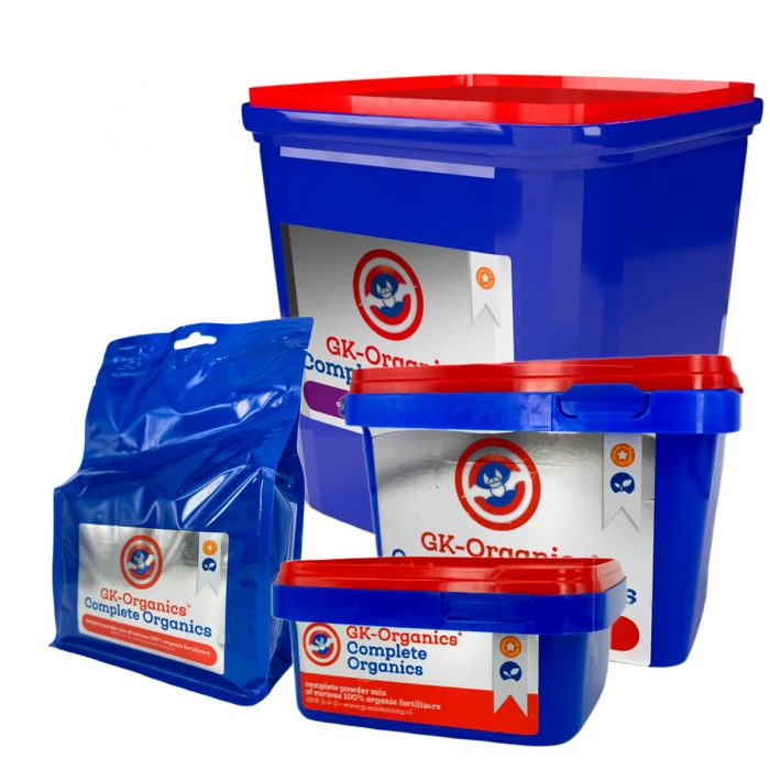Fertilizante GK Organics Complete de Guanokalong para cultivo, diferentes formatos.