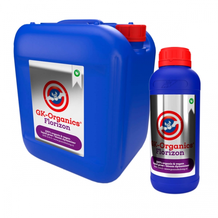 Fertilizante líquido Florizon de Guanokalong GK Organics, diferentes formatos.