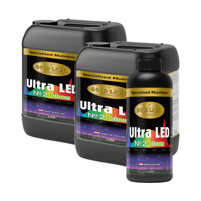 Fertilizante de floración Ultra LED Nº2 de Gold Label, diferentes formatos.