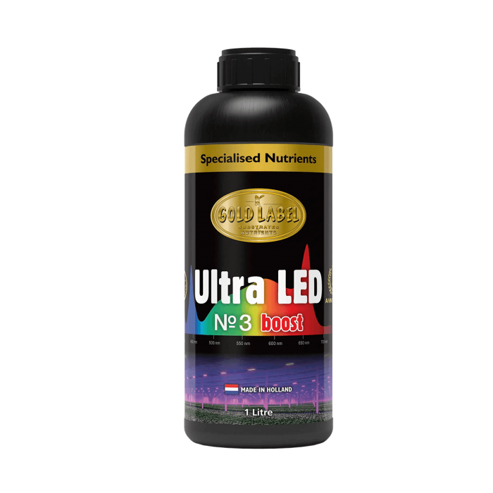 Estimulador de floración Ultra LED Nº3 Booster de Gold Label, envase de 1L.