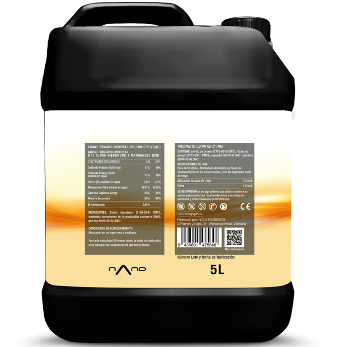 Fertilizante para plantas Sugar K de Nano, formato de 5L etiqueta.