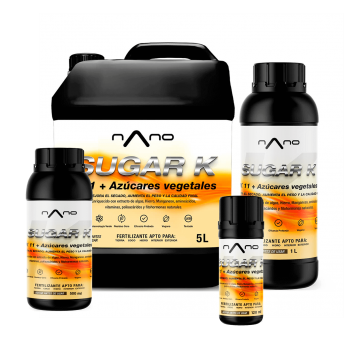 Abono para plantas Sugar K de Nano, diferentes formatos.