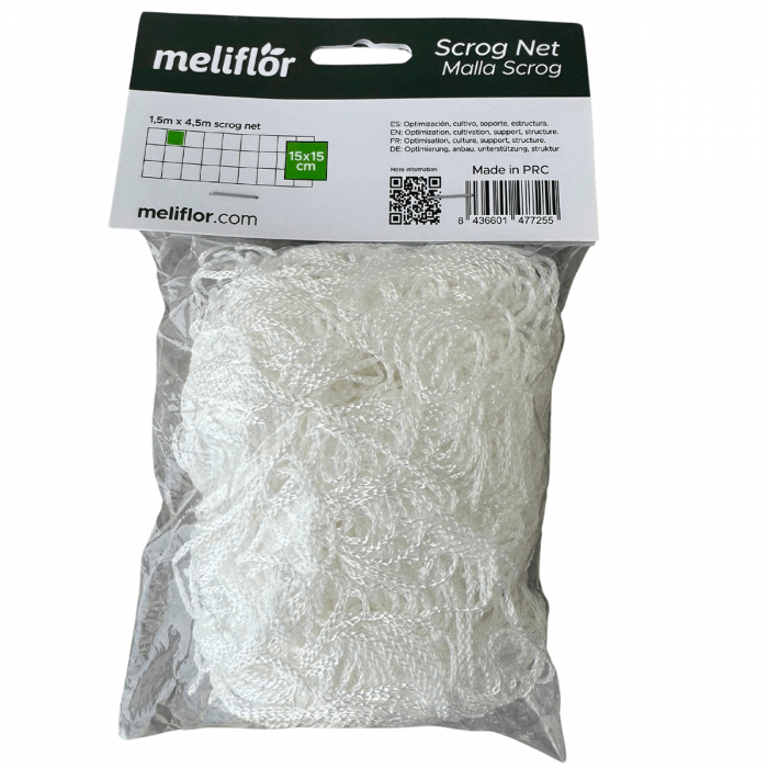 Malla de tela Scrog 1.5 x 4.5m (Trepadora), trasera del blister.