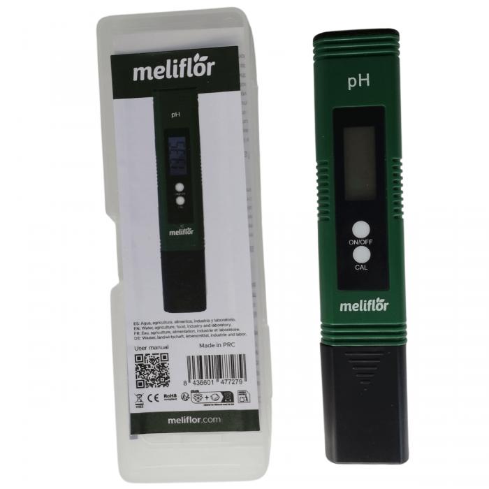 Medidor digital de PH Meliflor para control de la acidez en el agua, con caja.