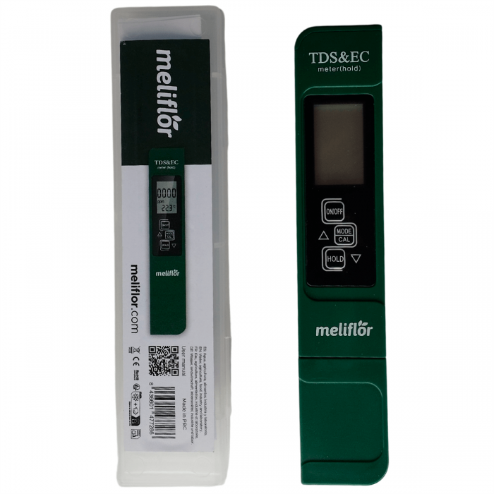 Medidor de EC TDS y Temperatura Digital de Meliflor para el agua de riego, con caja.