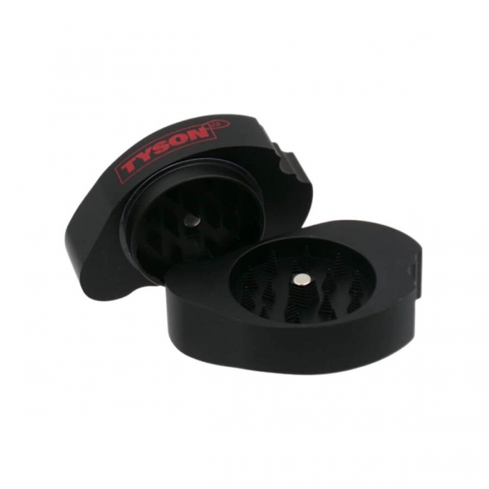 Grinder metálico Mike Tyson 2.0 de 2 partes para picar marihuana, abierto.