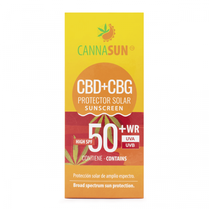 Crema protectora solar con CBD y CBG Cannasun de Plant of Life 150ml, caja.