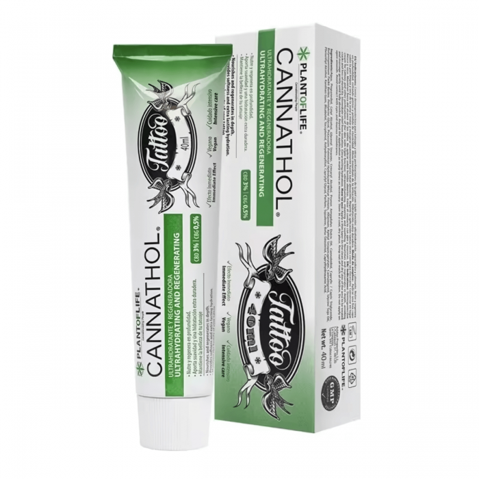 Crema CBD + CBG Cannathol  para los tatuajes, caja y tubo de 40ml.