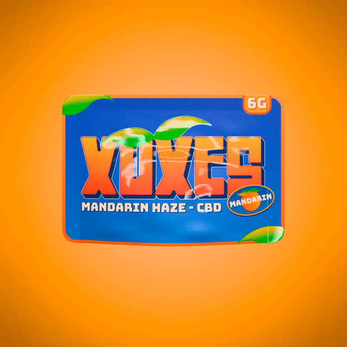 Flores CBD Mandarin Haze de la marca Xuxes, envase.
