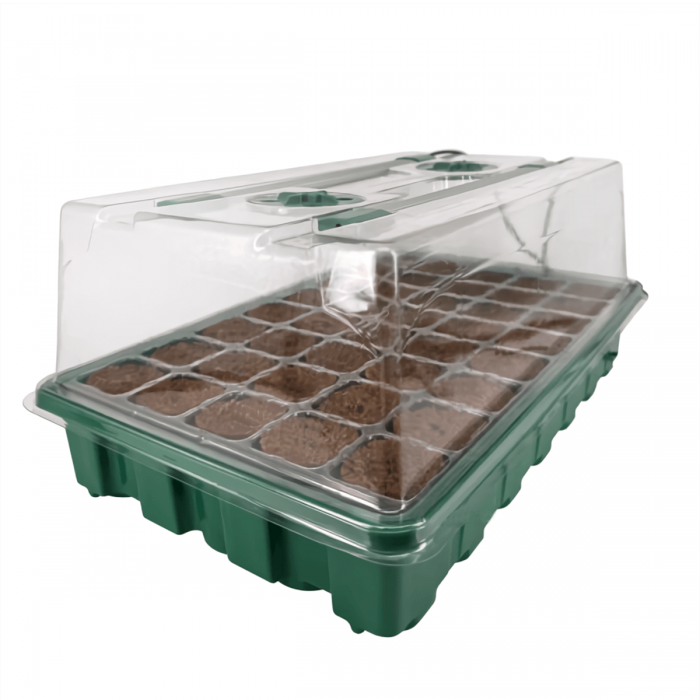 Propagador mini invernadero con luz LED y sustrato.