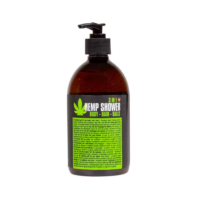 Gel de ducha para hombres con cáñamo 3 en 1 de 500ml Palacio, etiqueta componentes.