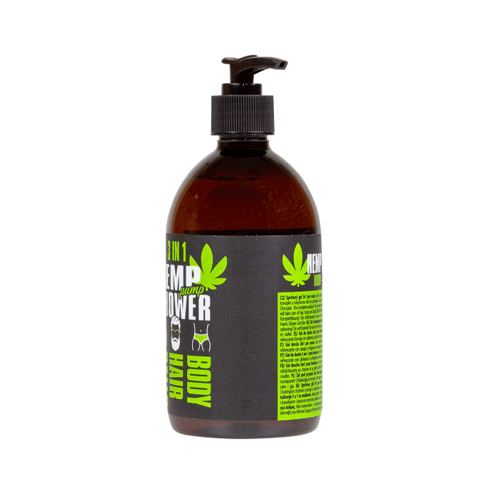 Gel de ducha para hombres con cáñamo 3 en 1 de 500ml Palacio, reverso.