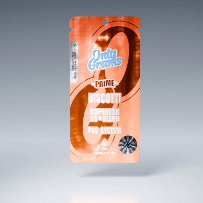 POD Superior 96% 2ML (Onlygrams). Vaper con cannabinoides legales Biscotti, envase.