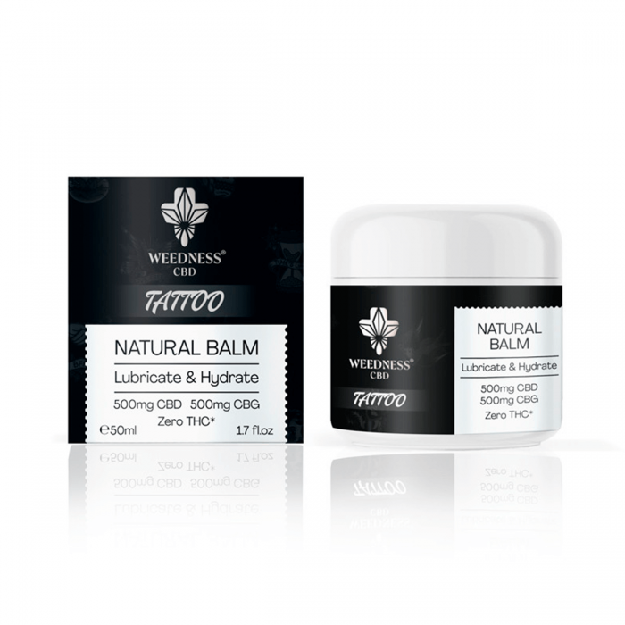 Bálsamo CBD + CBG 500mg para tatuajes de Weedness, envase de 50ml.