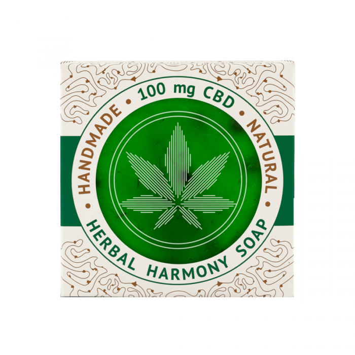Jabón CBD artesanal para la piel con aroma Herbal Armony de Cannaline con 100mg, envase.