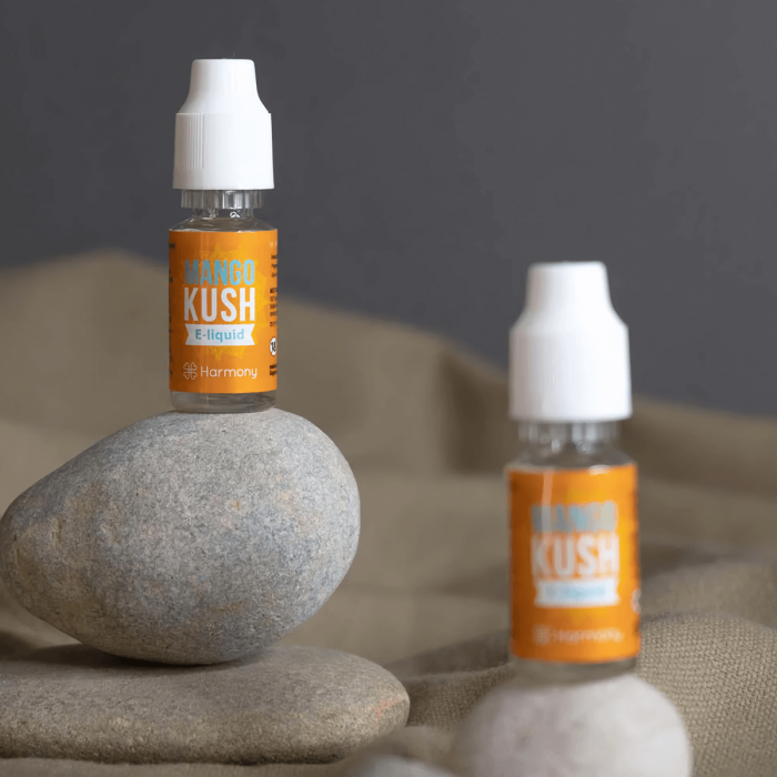 Botes de E-liquid CBD con 600mg y 10ml aroma Mango Kush de Harmony.