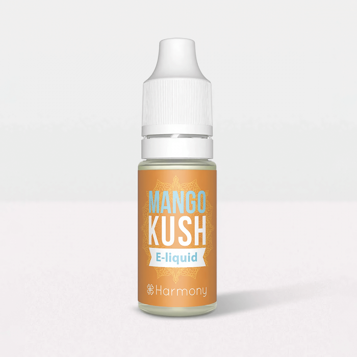 Botes de E-liquid CBD con 600mg y 10ml aroma Mango Kush de Harmony, envase.
