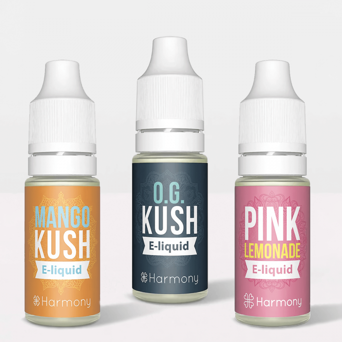 Botes de E-liquid CBD con 600mg y 10ml de distintos aromas, Harmony.