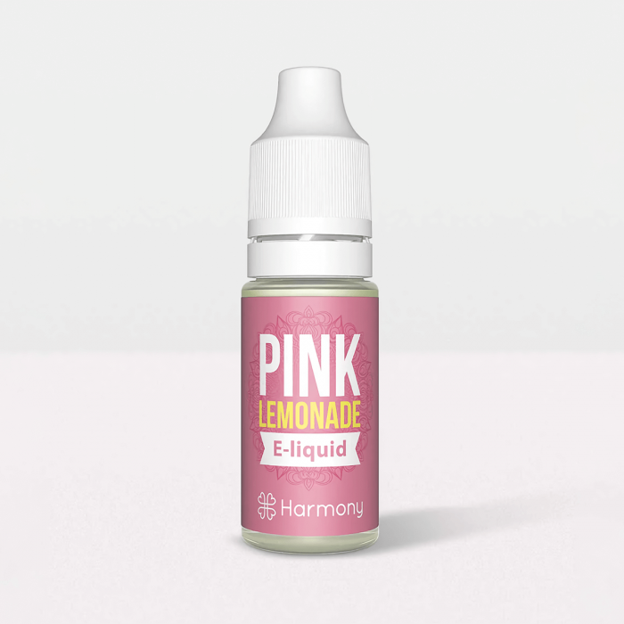 Botes de E-liquid CBD con 600mg y 10ml aroma Pink Lemonade de Harmony, envase.