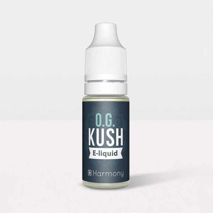 Botes de E-liquid CBD con 600mg y 10ml aroma OG Kush de Harmony, envase.