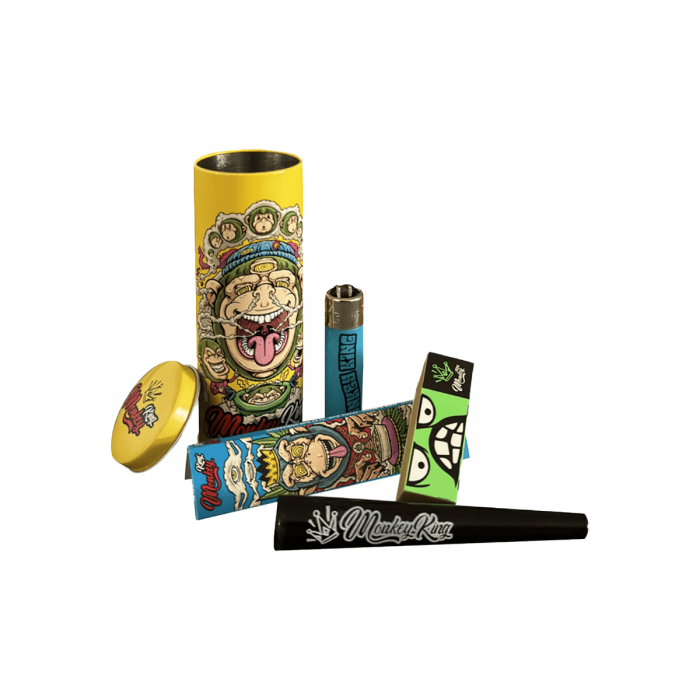 kit fumeta Monkey King lata redonda, incluye mechero, papel, filtros bote guardapetas y lata..