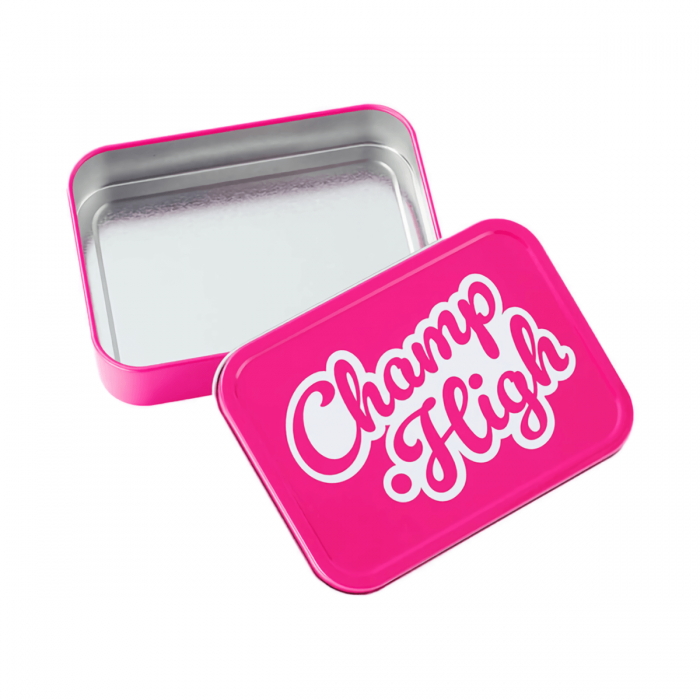Caja metálica Champ High Pinky, abierta.