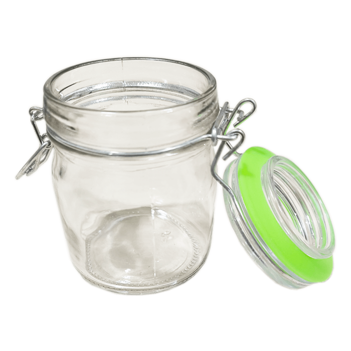 Bote de cristal hermético de 180ml, tapa abierta.