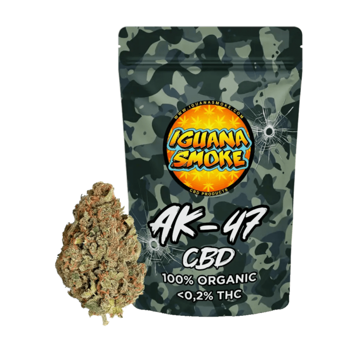 Cogollos de CBD AK-47 de Iguana Smoke, flores muy aromáticas.