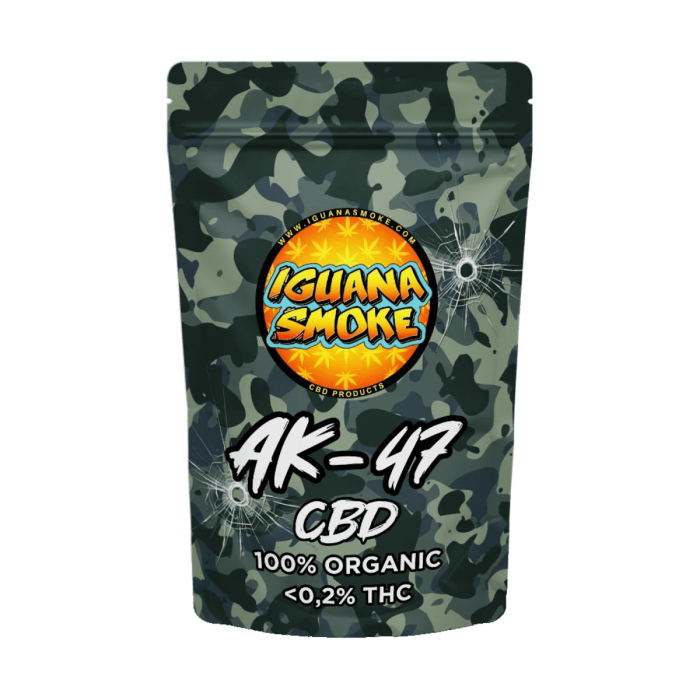 Cogollos de CBD AK-47 de Iguana Smoke, flores muy aromáticas, envase.