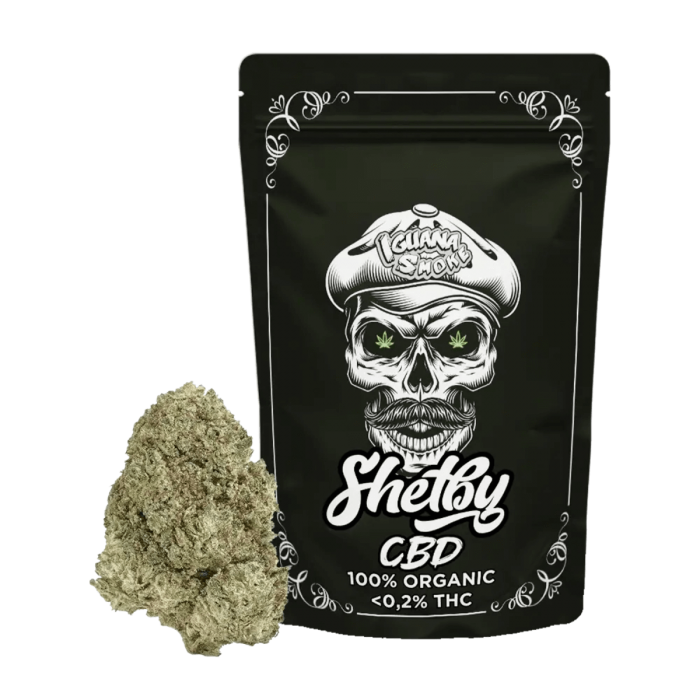 Flores CBD Shelby de 2 gramos Iguana Smoke, olor premium.