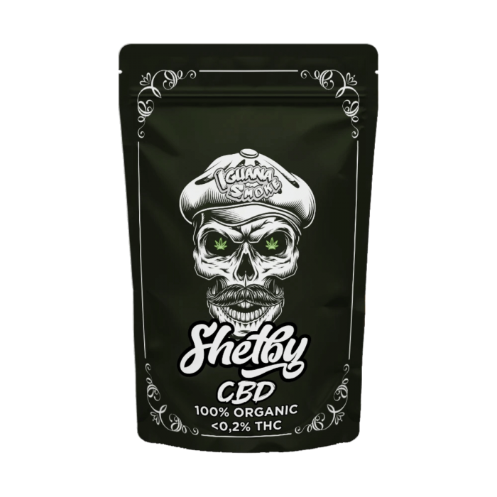 Flores CBD Shelby de 2 gramos Iguana Smoke, envase.