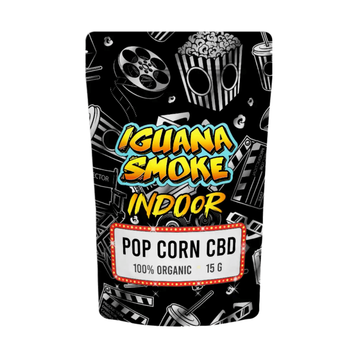 Cogollos CBD Pop Corn Mini Buds de interior de la marca Iguana smoke 15 gramos, envase.