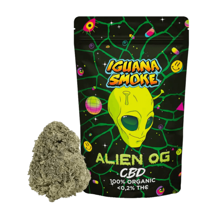 Flores CBD Alien OG de 2 gramos Iguana Smoke, olor terroso a queso.