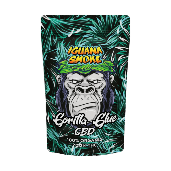 Flores CBD Gorilla Glue envase de 2 gramos Iguana Smoke, olor a pino y tierra con toque ácido.