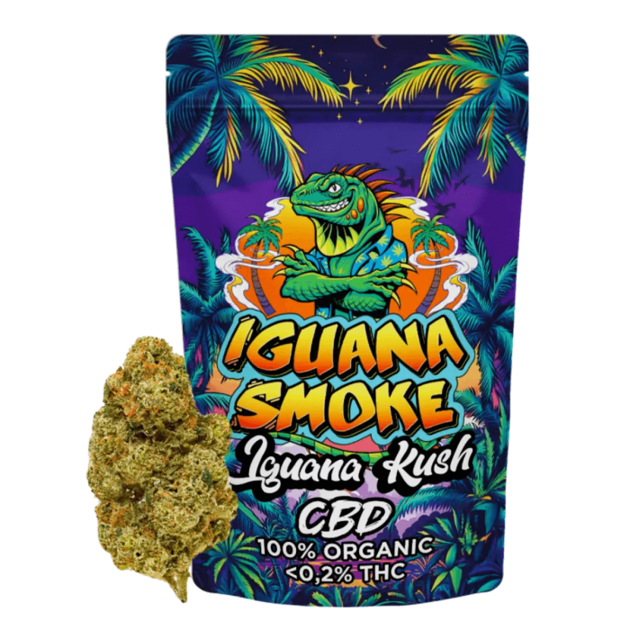 Flores CBD Iguana Kush de 2 gramos Iguana Smoke, olor a tierra dulce.
