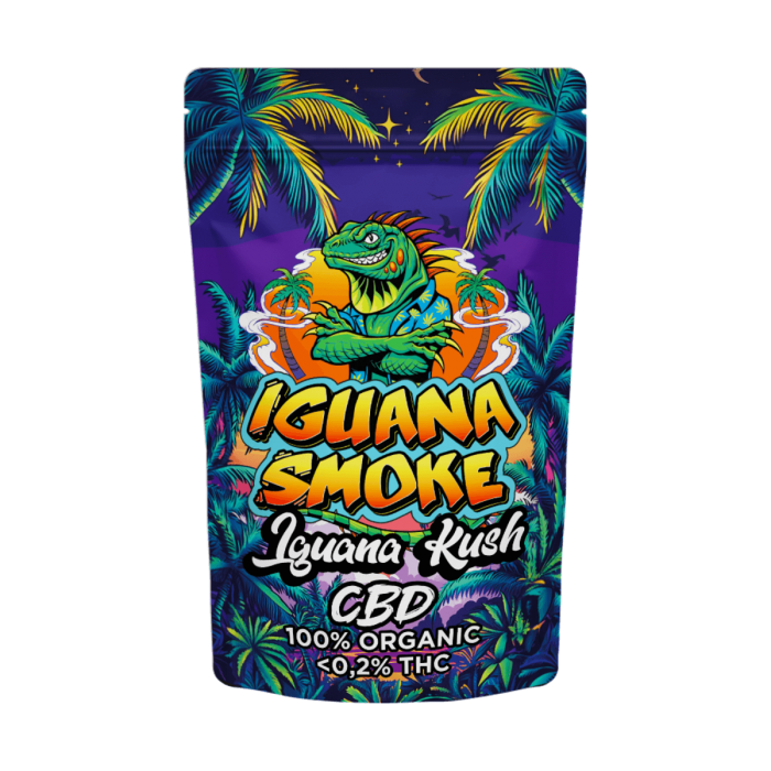 Flores CBD Iguana Kush envase de 2 gramos Iguana Smoke, olor a tierra dulce.
