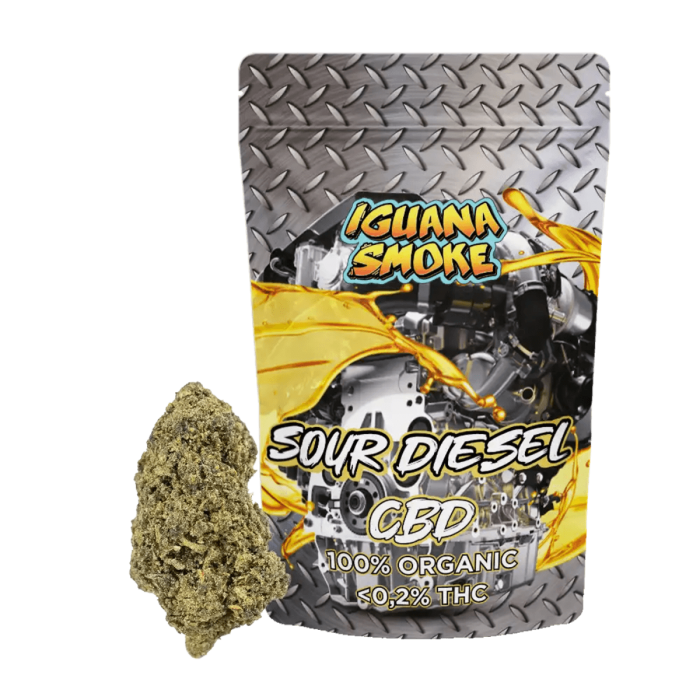 Flores CBD Sour Diesel de 2 gramos Iguana Smoke, olor a gasolina.