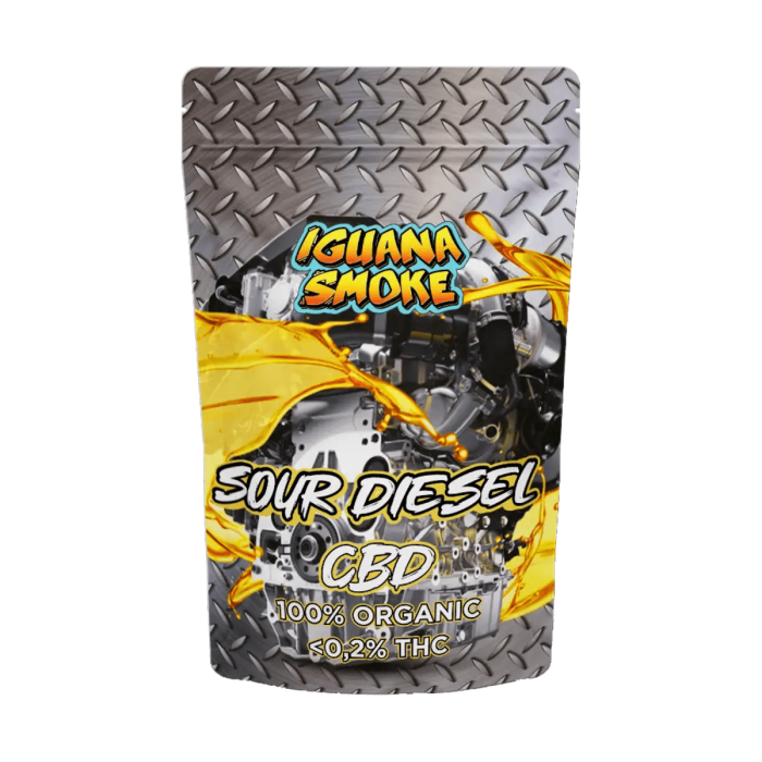 Flores CBD Sour Diesel envase de 2 gramos Iguana Smoke, olor a combustible.