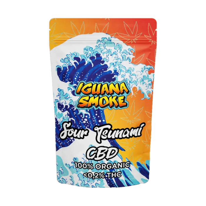 Flores CBD Sour Tsunami de Iguana Smoke, envase de 2 gramos.