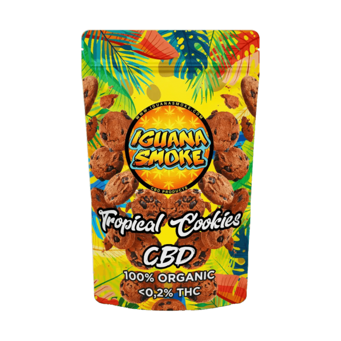 Flores CBD Tropical Cookies envase de 2 gramos Iguana Smoke, aroma a galletas.