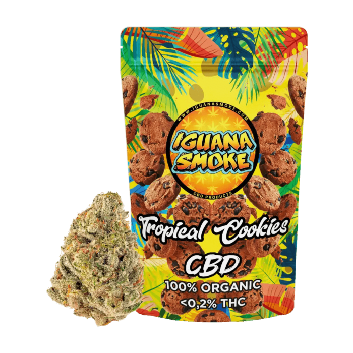 Flores CBD Tropical Cookies de 2 gramos Iguana Smoke, aroma a galletas.
